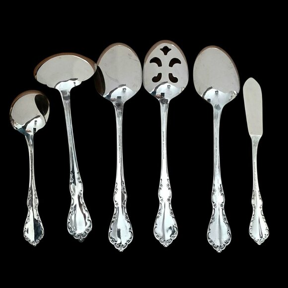 VTG Oneida Mansion Hall 6 Pc Serving Set Gravy Ladle Spoons Sugar Knife Floral - Picture 2 of 8